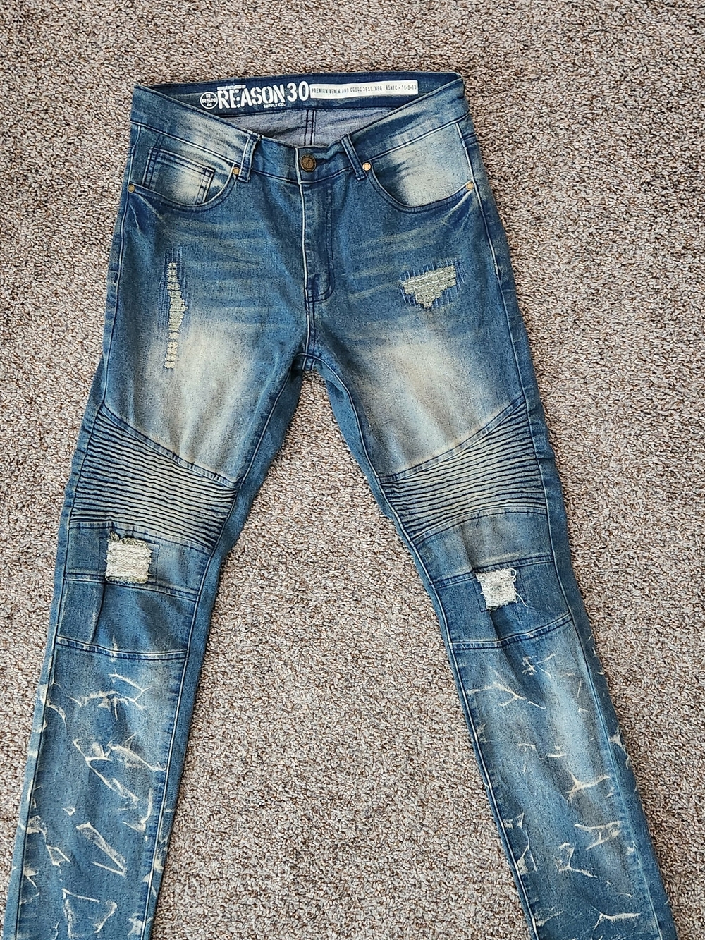 Reason Men's Washed Blue Slim Jeans with Ribbed Knee Detail